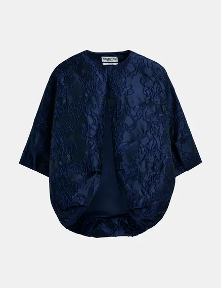 Navy blue jacquard-woven puffy jacket