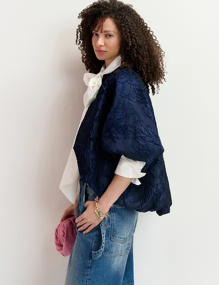 Veste bouffante en jacquard bleu marine