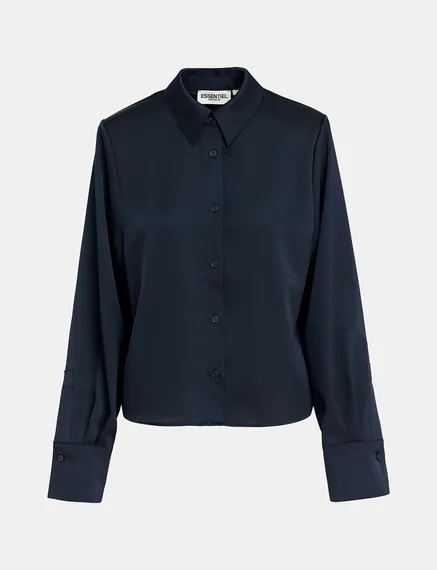 Navy blue satin shirt with padded shoulders