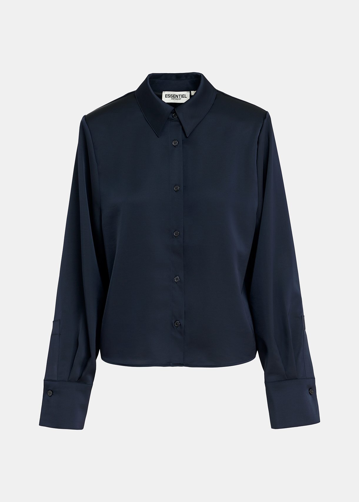 Camicia in raso blu navy con spalle imbottite