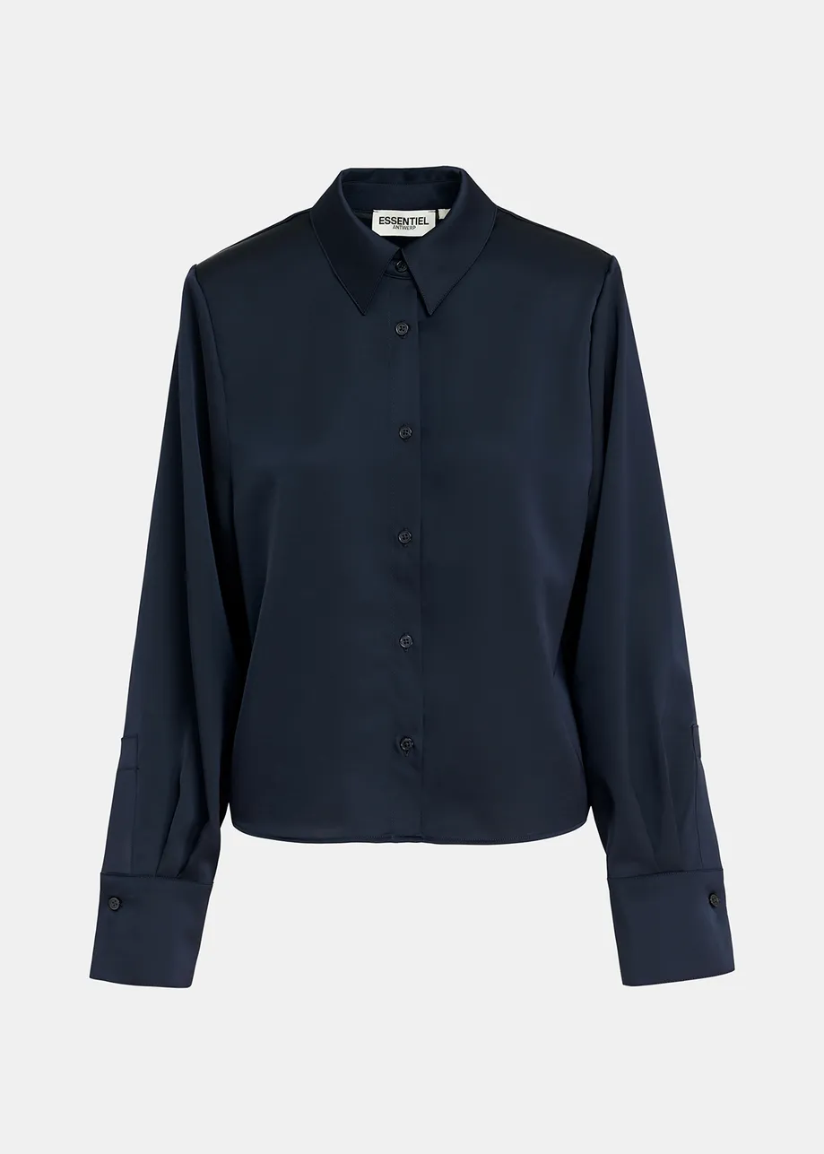 Navy blue satin shirt with padded shoulders