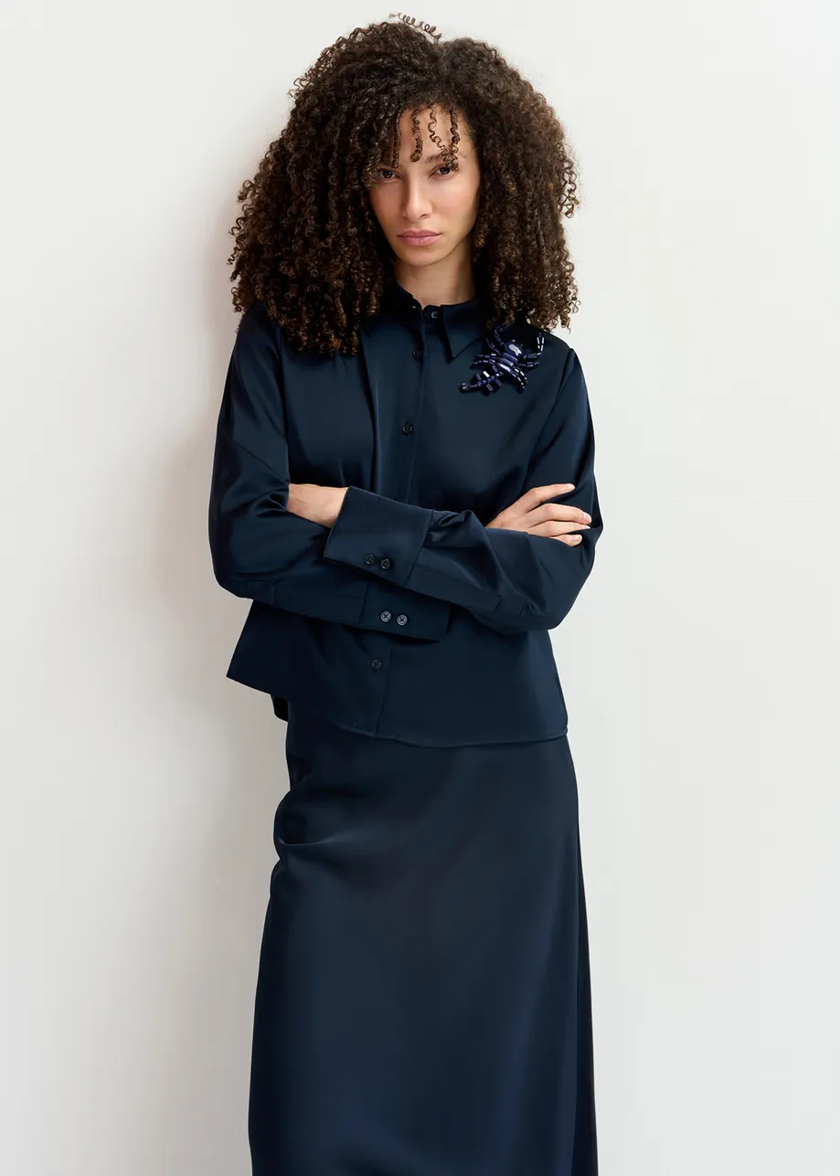 Navy blue satin shirt with padded shoulders