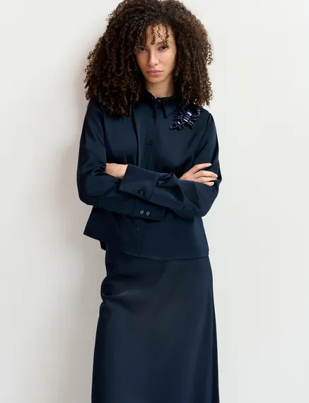 Navy blue satin shirt with padded shoulders