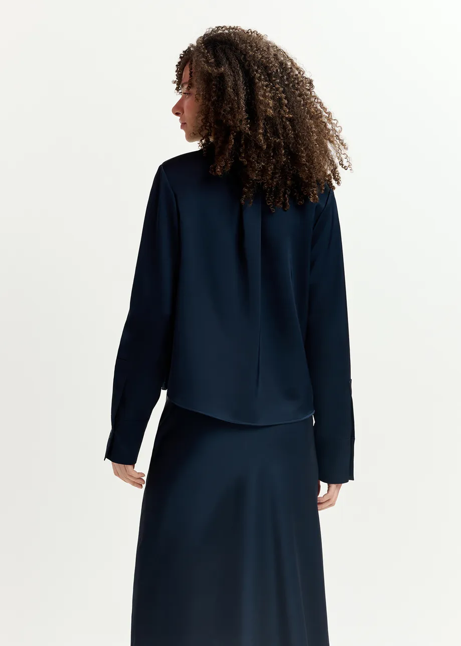 Navy blue satin shirt with padded shoulders