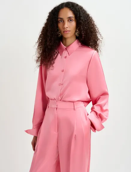 Pink satin shirt with padded shoulders