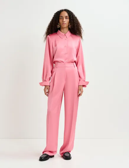 Pink satin shirt with padded shoulders