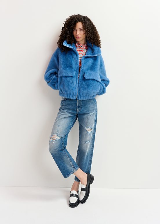 Dark blue faux fur bomber jacket