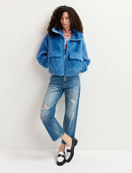 Blouson aviateur en fausse fourrure bleu foncé