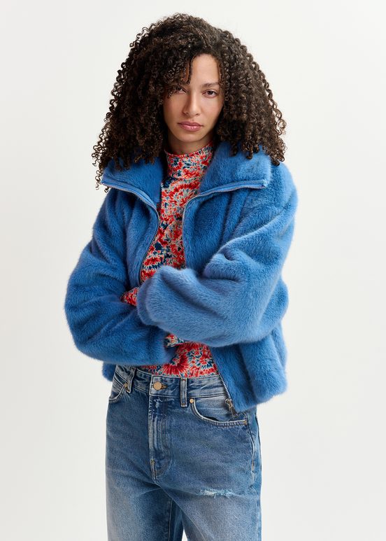 Blouson aviateur en fausse fourrure bleu foncé