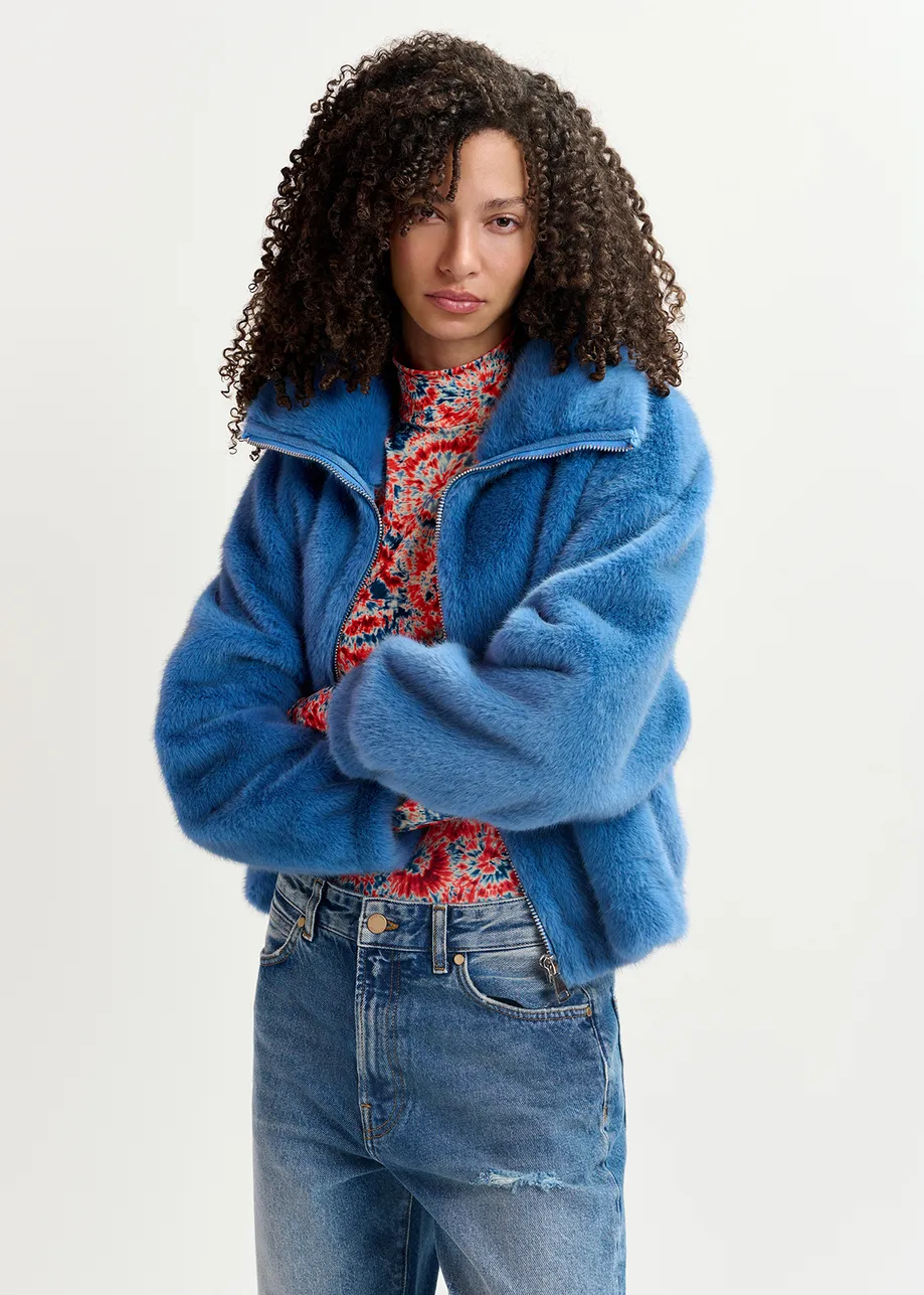 Dark blue faux fur bomber jacket