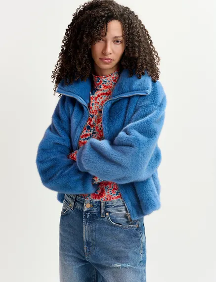 Dark blue faux fur bomber jacket