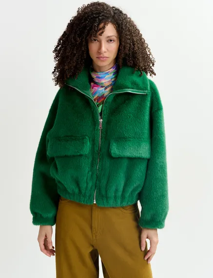 Dark green faux fur bomber jacket