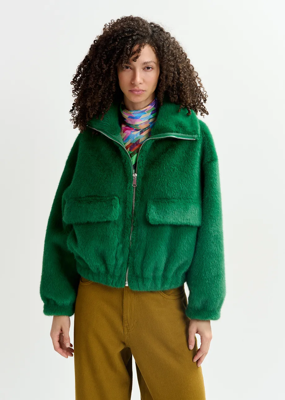 Blouson aviateur en fausse fourrure vert foncé