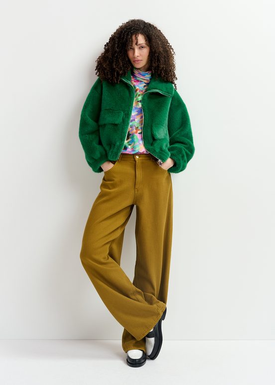 Blouson aviateur en fausse fourrure vert foncé