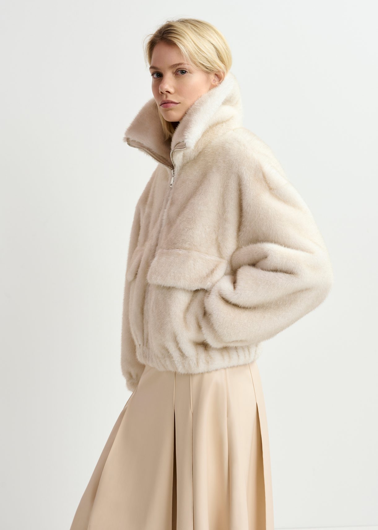 Ecru faux fur bomber jacket | Essentiel Antwerp Europe