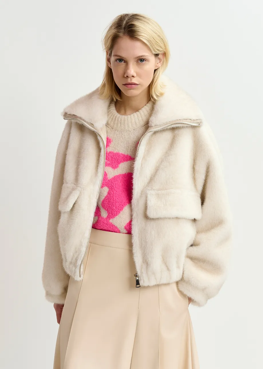 Ecru faux fur bomber jacket