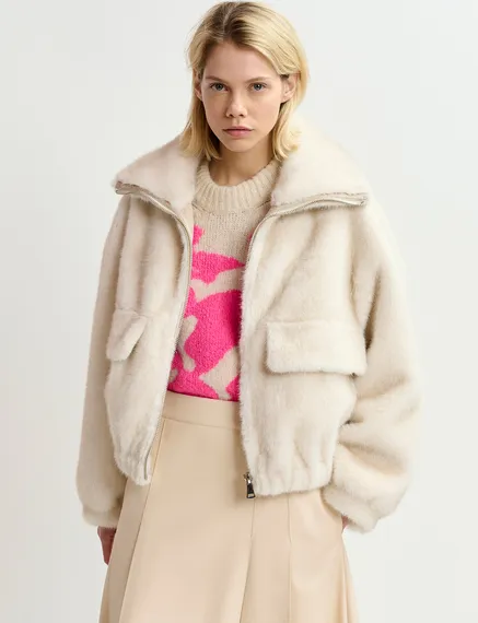 Ecru faux fur bomber jacket