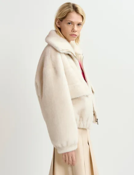 Ecru faux fur bomber jacket