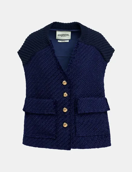 Navy blue sleeveless knitted jacket