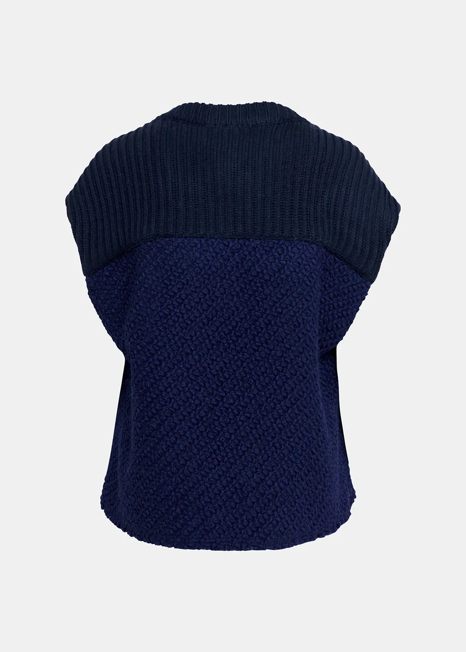 Navy blue sleeveless knitted jacket