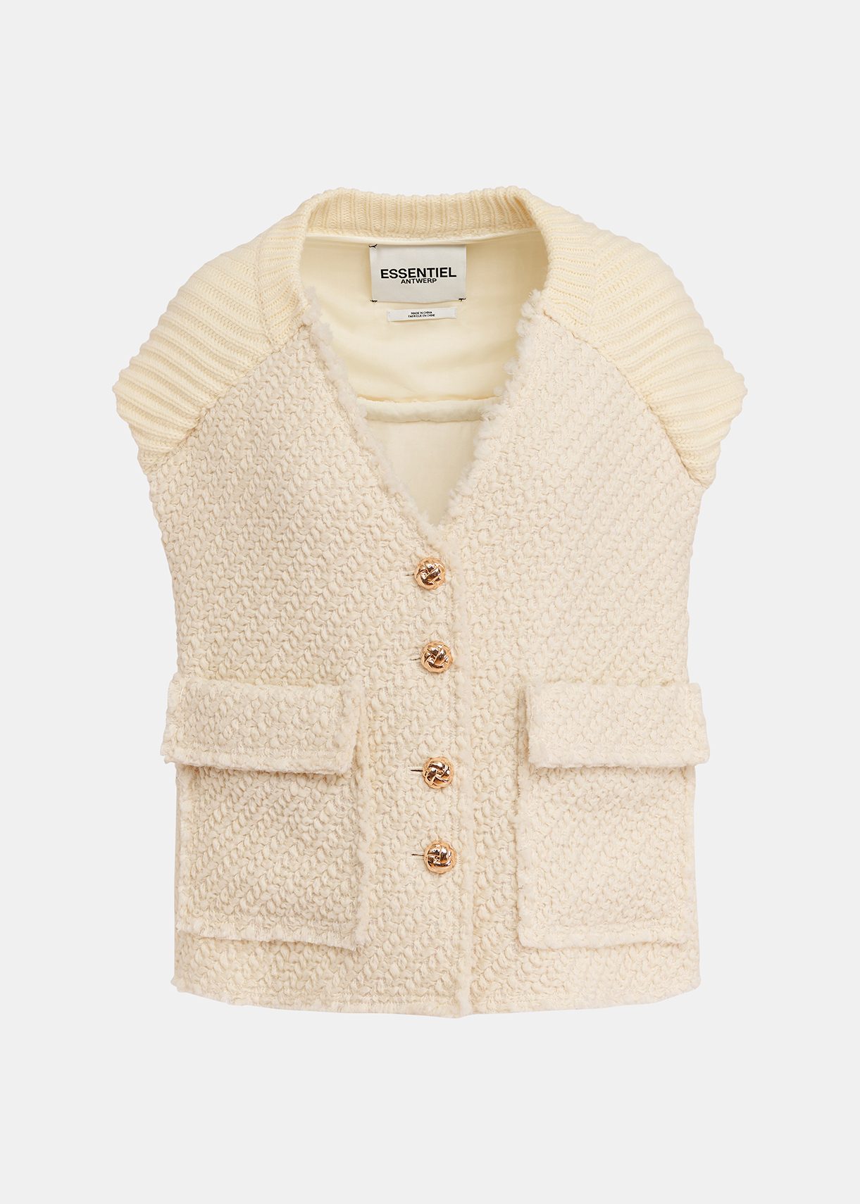 Ecru sleeveless knitted jacket