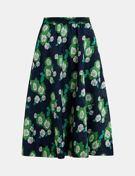 Navy blue floral-jacquard midi skirt