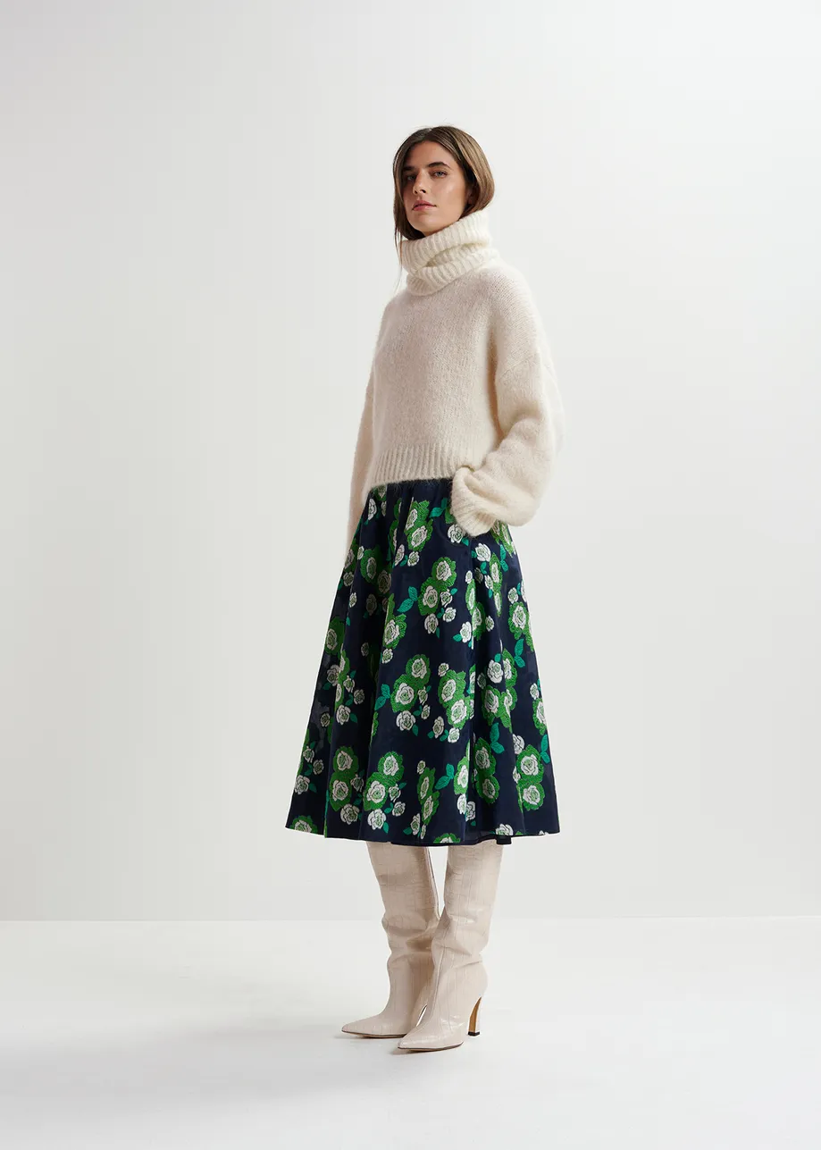 Navy blue floral-jacquard midi skirt