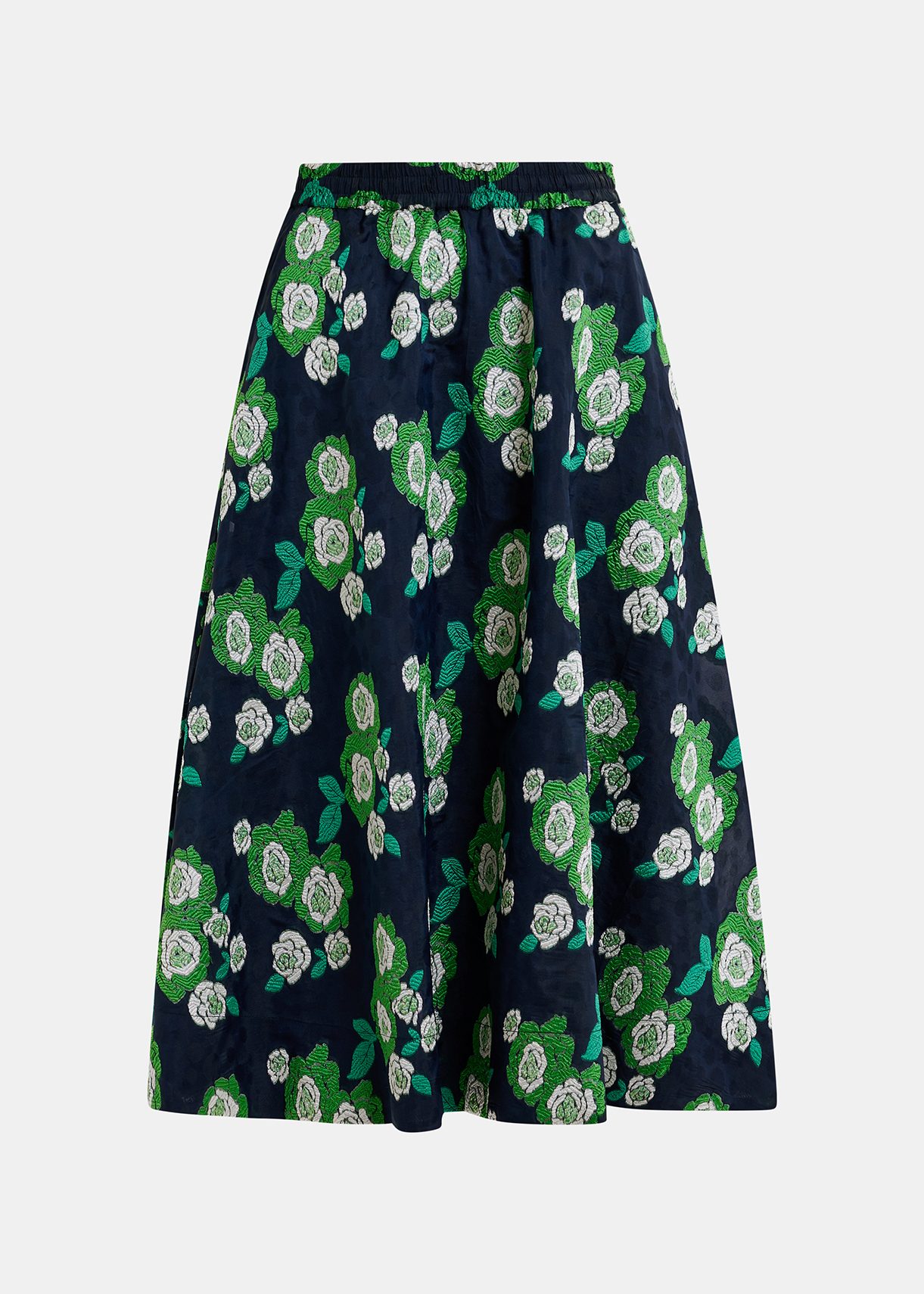 Navy blue floral-jacquard midi skirt