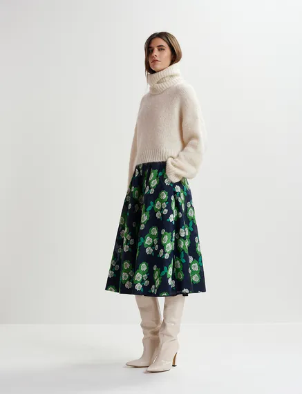 Navy blue floral-jacquard midi skirt