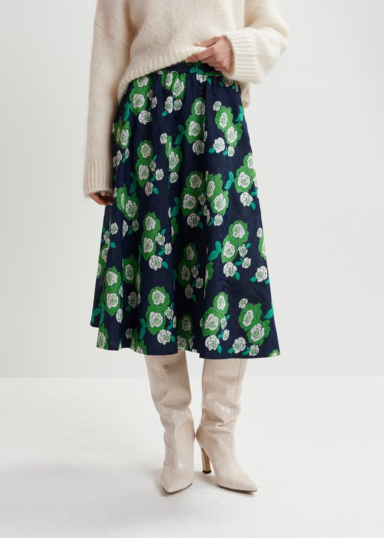 Navy blue floral-jacquard midi skirt