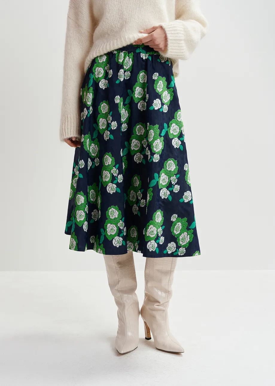 Marineblauwe midirok in bloemenjacquard