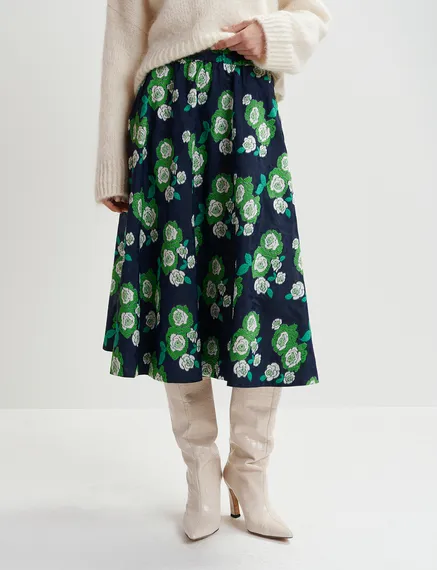 Navy blue floral-jacquard midi skirt