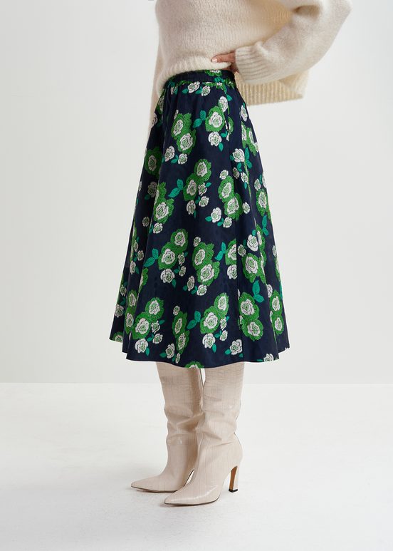 Navy blue floral-jacquard midi skirt