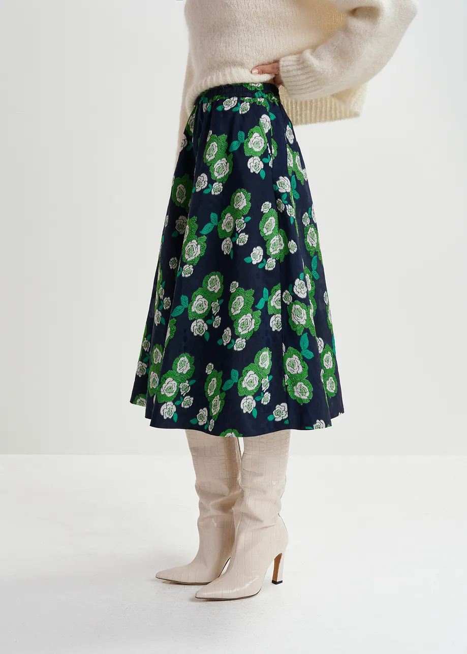 Marineblauwe midirok in bloemenjacquard