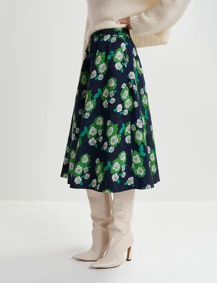 Navy blue floral-jacquard midi skirt