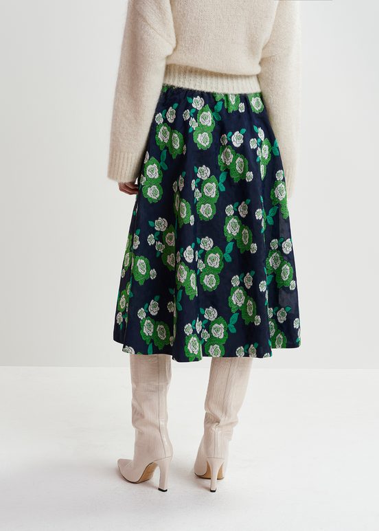 Falda midi de jacquard floral, azul marino