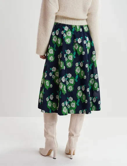 Falda midi de jacquard floral, azul marino