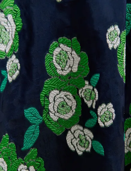 Marineblauwe midirok in bloemenjacquard