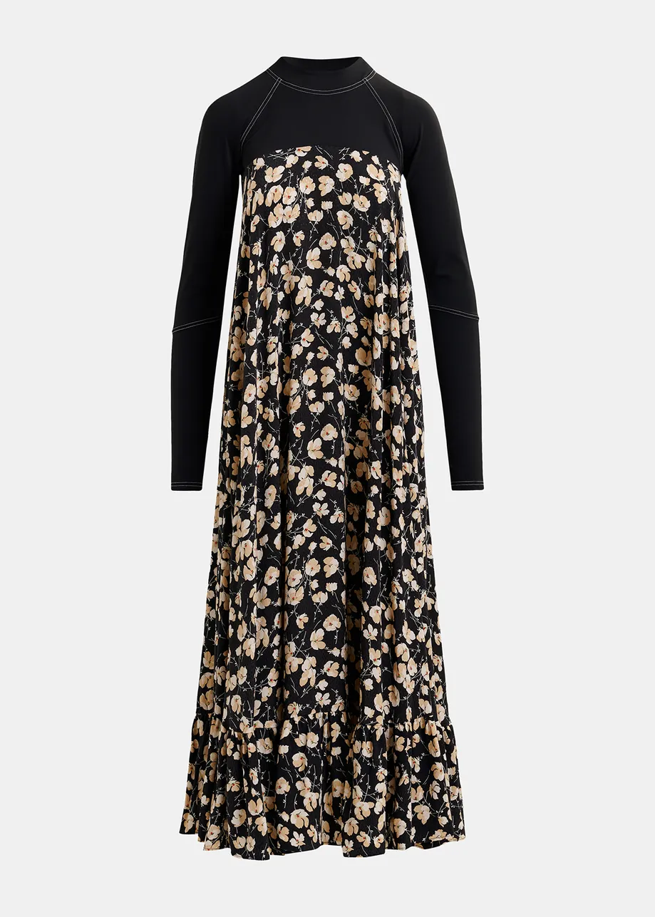 Black floral-print maxi-length dress with jersey top