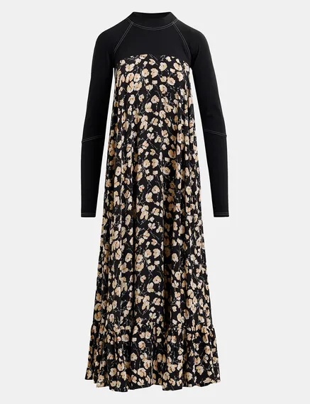 Zwarte maxi-jurk met bloemenprint en jersey top