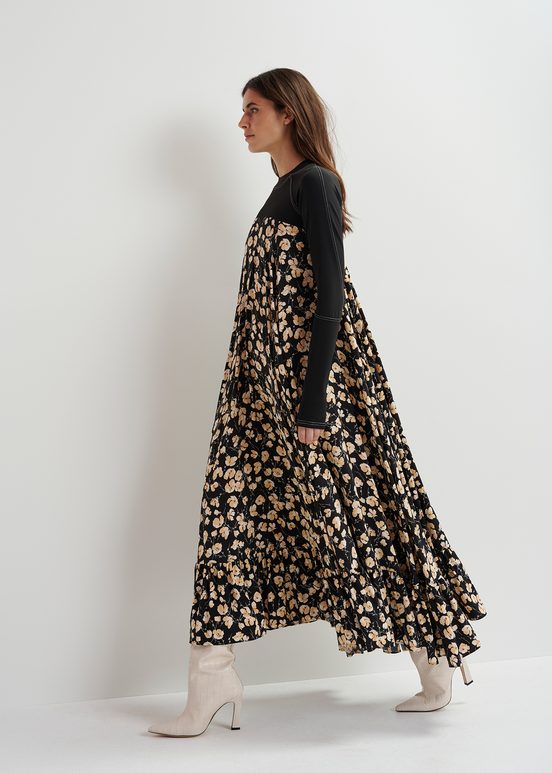 Black floral-print maxi-length dress with jersey top