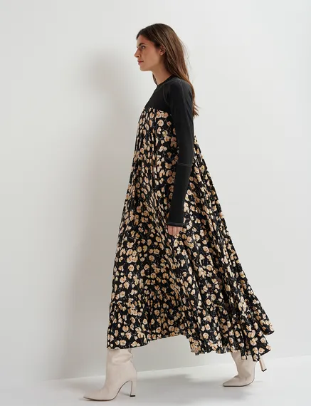 Black floral-print maxi-length dress with jersey top