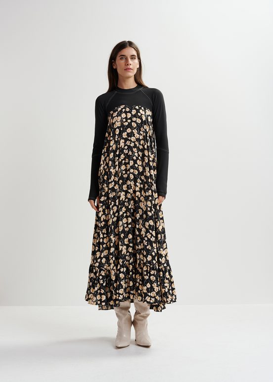 Black floral-print maxi-length dress with jersey top