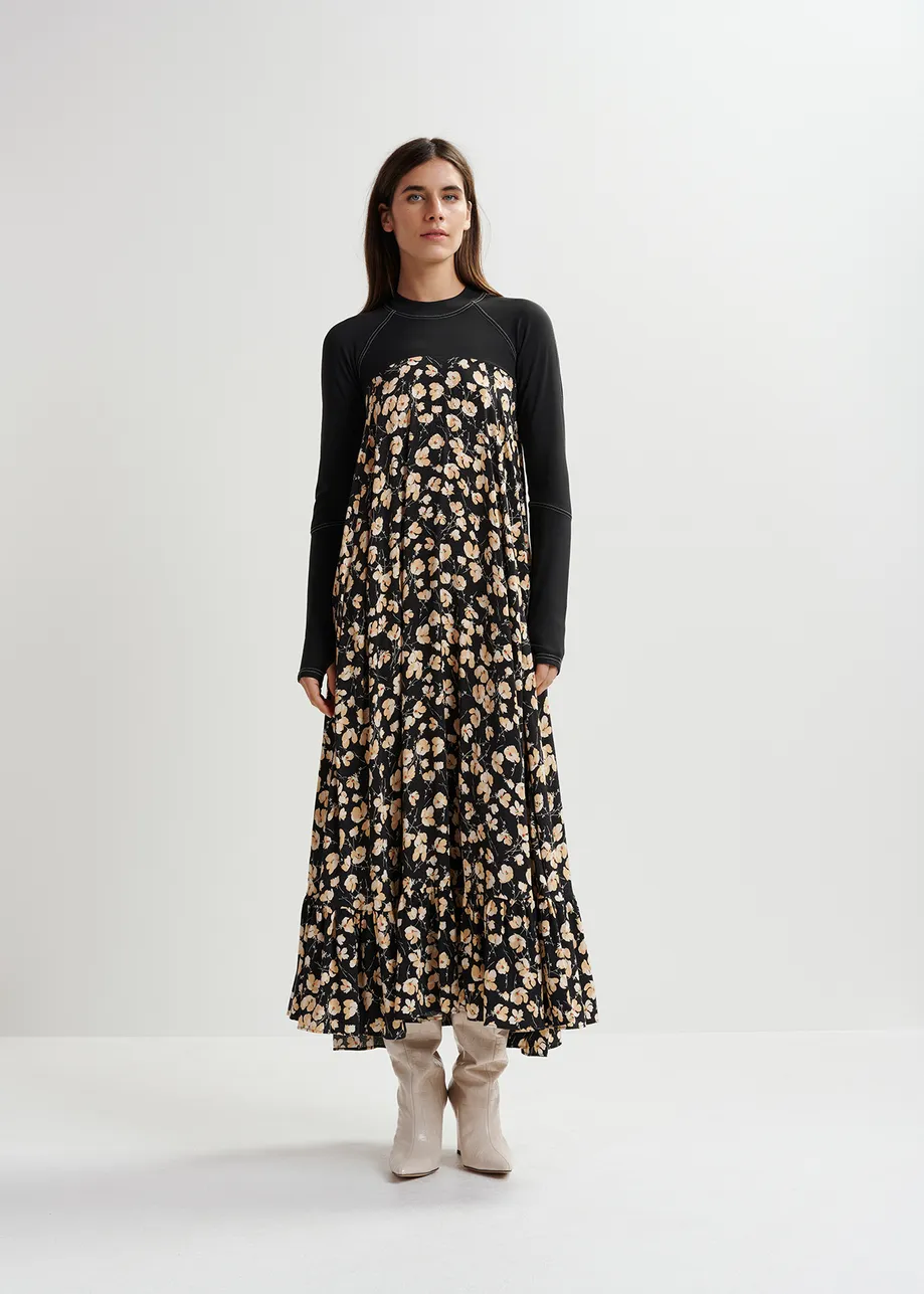 Black floral-print maxi-length dress with jersey top