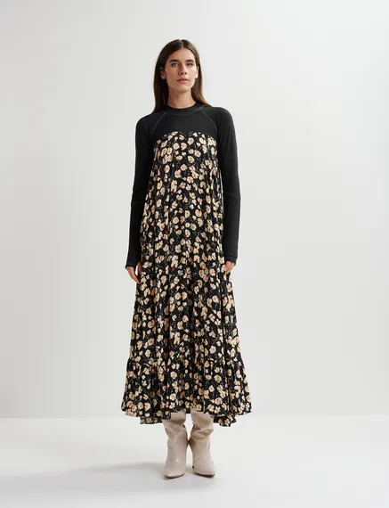 Zwarte maxi-jurk met bloemenprint en jersey top