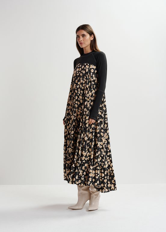 Zwarte maxi-jurk met bloemenprint en jersey top