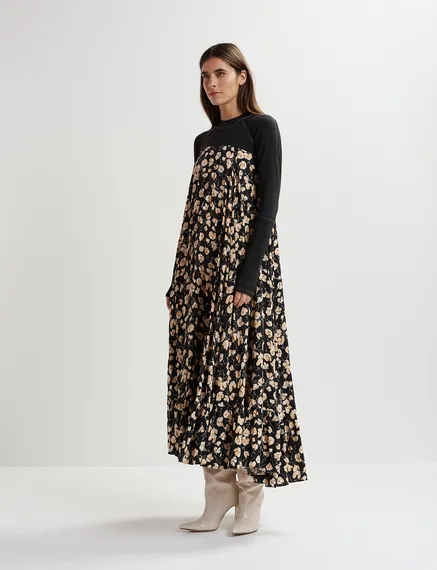 Black floral-print maxi-length dress with jersey top