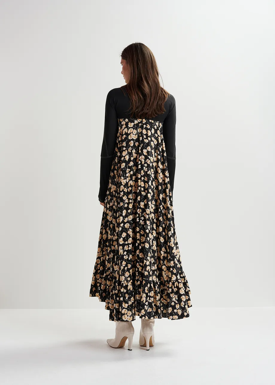 Black floral-print maxi-length dress with jersey top