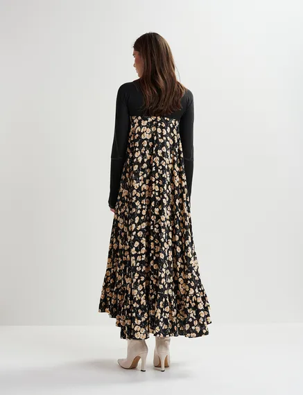 Black floral-print maxi-length dress with jersey top