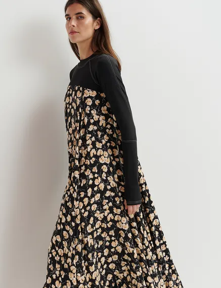 Black floral-print maxi-length dress with jersey top